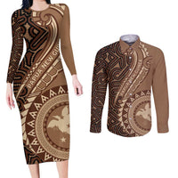 Papua New Guinea Oro Tapa Motif Couples Matching Long Sleeve Bodycon Dress and Long Sleeve Button Shirt Classic LT7 Brown - Polynesian Pride