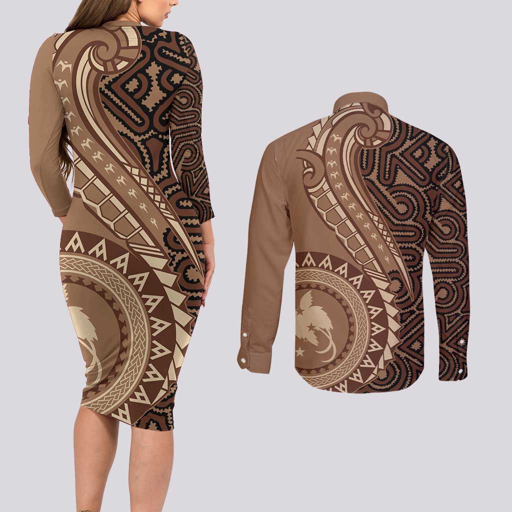 Papua New Guinea Oro Tapa Motif Couples Matching Long Sleeve Bodycon Dress and Long Sleeve Button Shirt Classic LT7 - Polynesian Pride