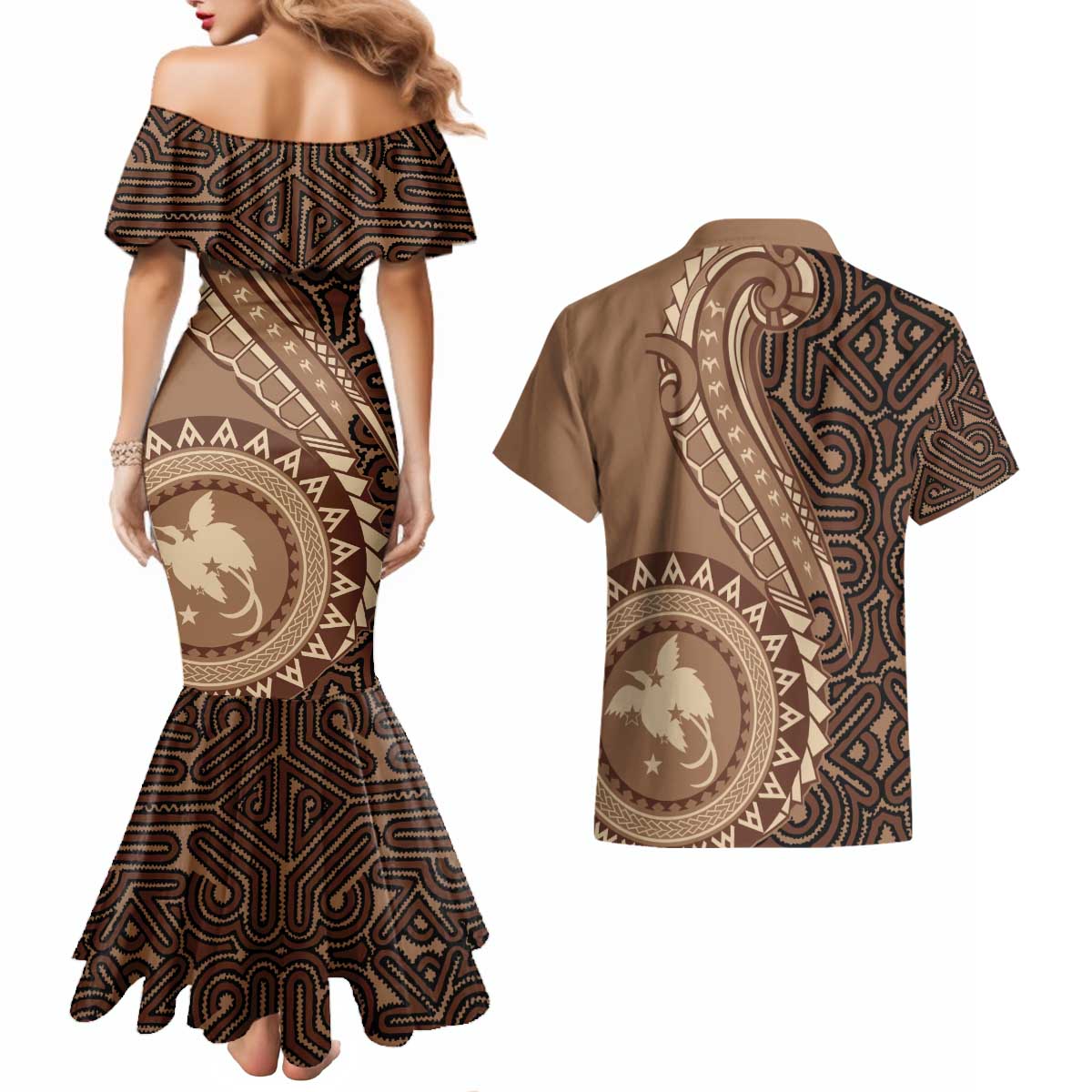 Papua New Guinea Oro Tapa Motif Couples Matching Mermaid Dress and Hawaiian Shirt Classic LT7 - Polynesian Pride