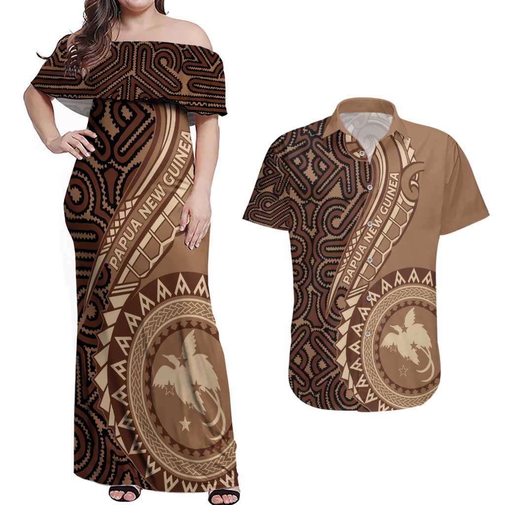 Papua New Guinea Oro Tapa Motif Couples Matching Off Shoulder Maxi Dress and Hawaiian Shirt Classic LT7 Brown - Polynesian Pride
