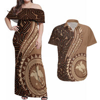 Papua New Guinea Oro Tapa Motif Couples Matching Off Shoulder Maxi Dress and Hawaiian Shirt Classic LT7 Brown - Polynesian Pride