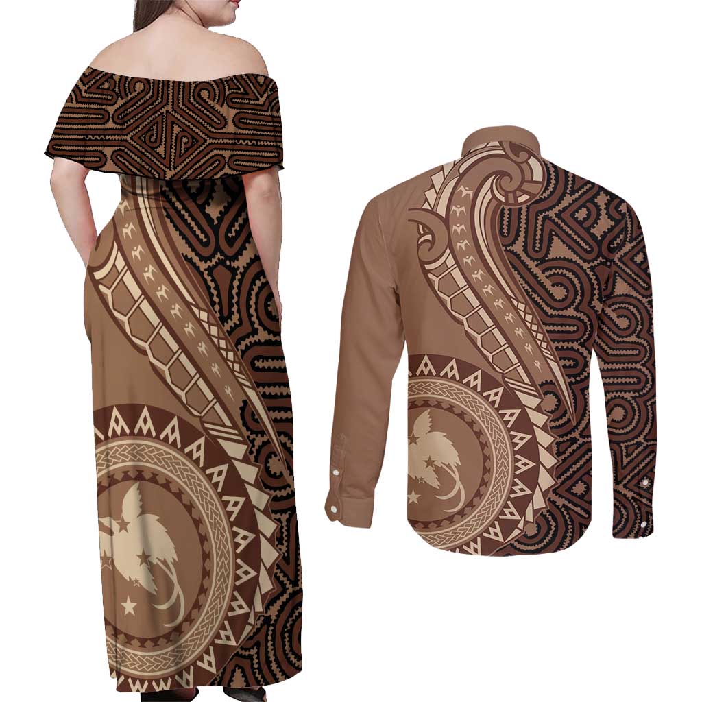 Papua New Guinea Oro Tapa Motif Couples Matching Off Shoulder Maxi Dress and Long Sleeve Button Shirt Classic LT7 - Polynesian Pride