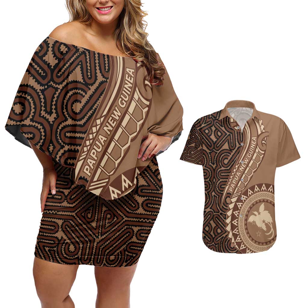 Papua New Guinea Oro Tapa Motif Couples Matching Off Shoulder Short Dress and Hawaiian Shirt Classic LT7 Brown - Polynesian Pride