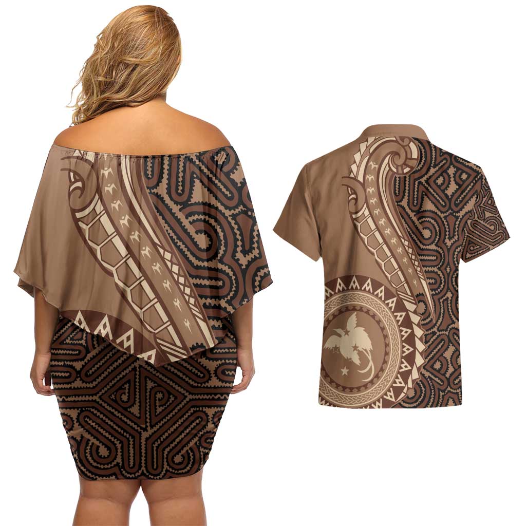 Papua New Guinea Oro Tapa Motif Couples Matching Off Shoulder Short Dress and Hawaiian Shirt Classic LT7 - Polynesian Pride