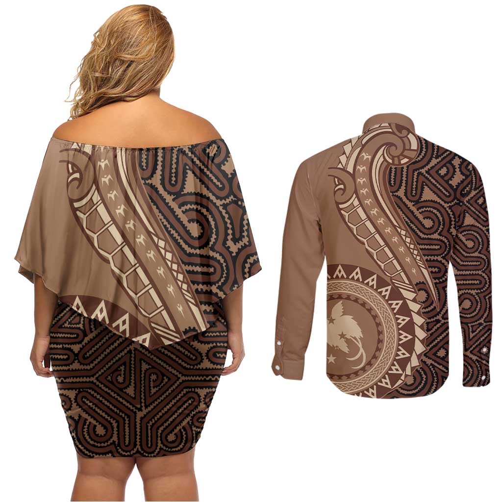 Papua New Guinea Oro Tapa Motif Couples Matching Off Shoulder Short Dress and Long Sleeve Button Shirt Classic LT7 - Polynesian Pride