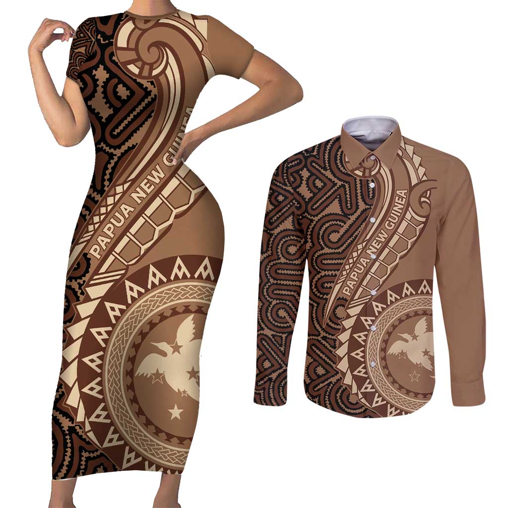 Papua New Guinea Oro Tapa Motif Couples Matching Short Sleeve Bodycon Dress and Long Sleeve Button Shirt Classic LT7 Brown - Polynesian Pride
