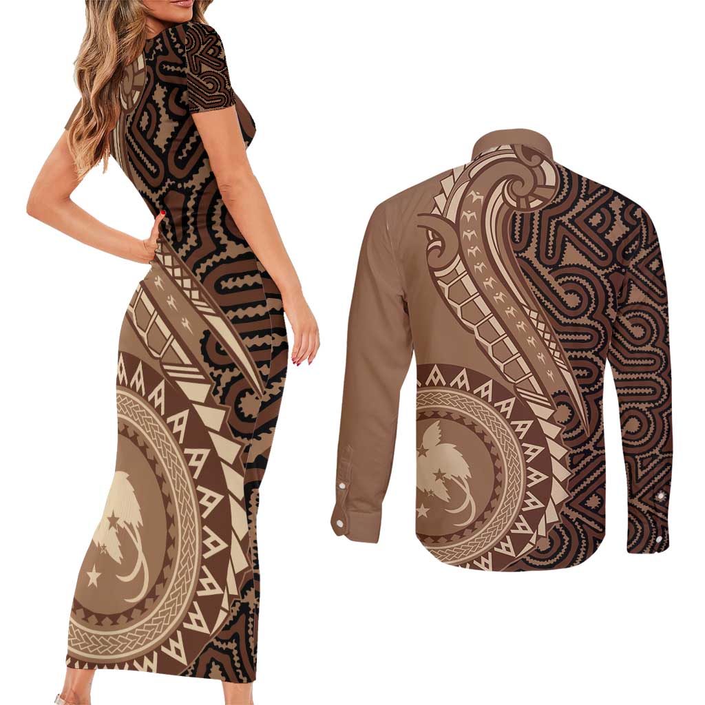 Papua New Guinea Oro Tapa Motif Couples Matching Short Sleeve Bodycon Dress and Long Sleeve Button Shirt Classic LT7 - Polynesian Pride