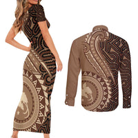 Papua New Guinea Oro Tapa Motif Couples Matching Short Sleeve Bodycon Dress and Long Sleeve Button Shirt Classic LT7 - Polynesian Pride