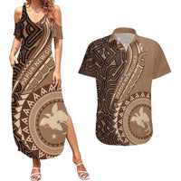 Papua New Guinea Oro Tapa Motif Couples Matching Summer Maxi Dress and Hawaiian Shirt Classic LT7 Brown - Polynesian Pride