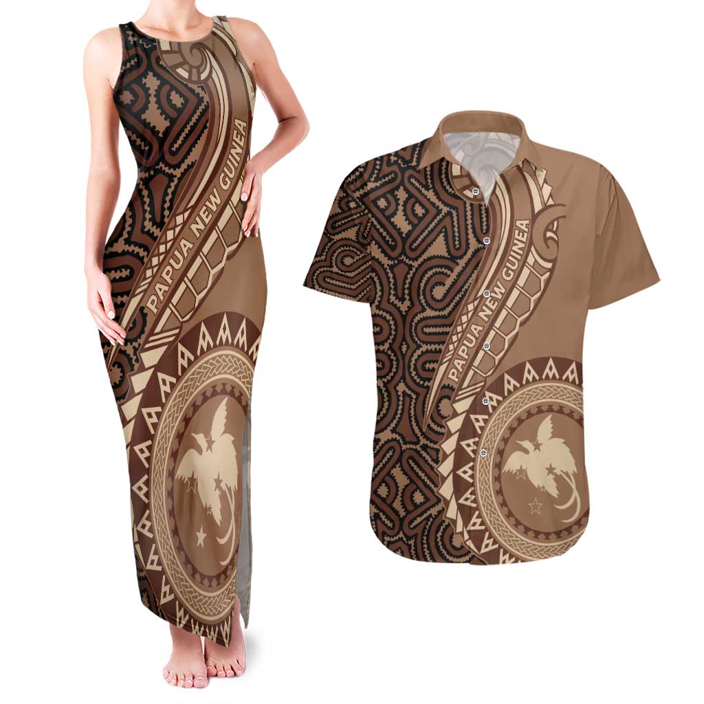 Papua New Guinea Oro Tapa Motif Couples Matching Tank Maxi Dress and Hawaiian Shirt Classic LT7 Brown - Polynesian Pride