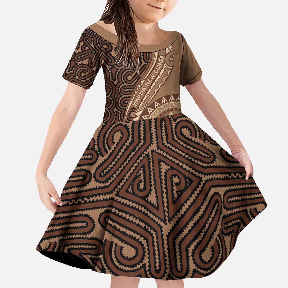 Papua New Guinea Oro Tapa Motif Family Matching Off The Shoulder Long Sleeve Dress and Hawaiian Shirt Classic LT7 Daughter's Dress Brown - Polynesian Pride