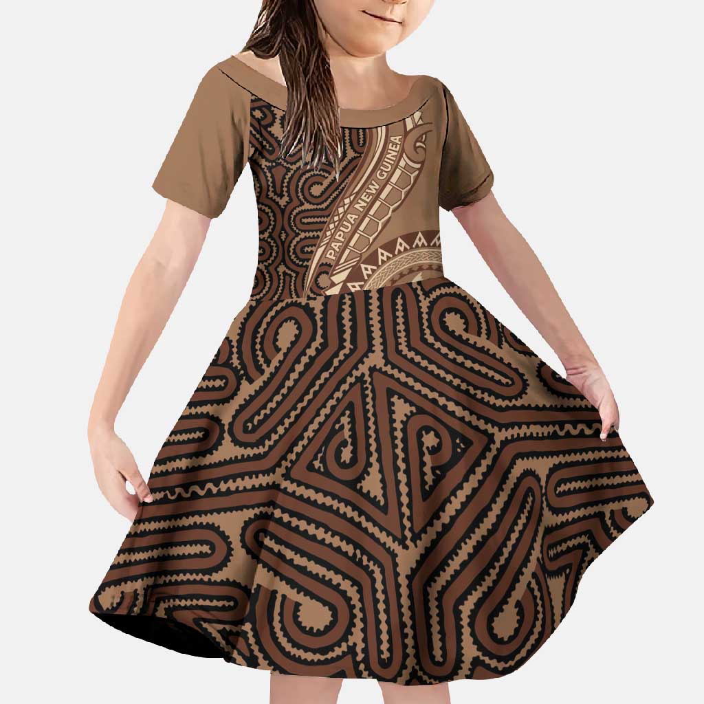 Papua New Guinea Oro Tapa Motif Family Matching Off Shoulder Maxi Dress and Hawaiian Shirt Classic LT7 Daughter's Dress Brown - Polynesian Pride