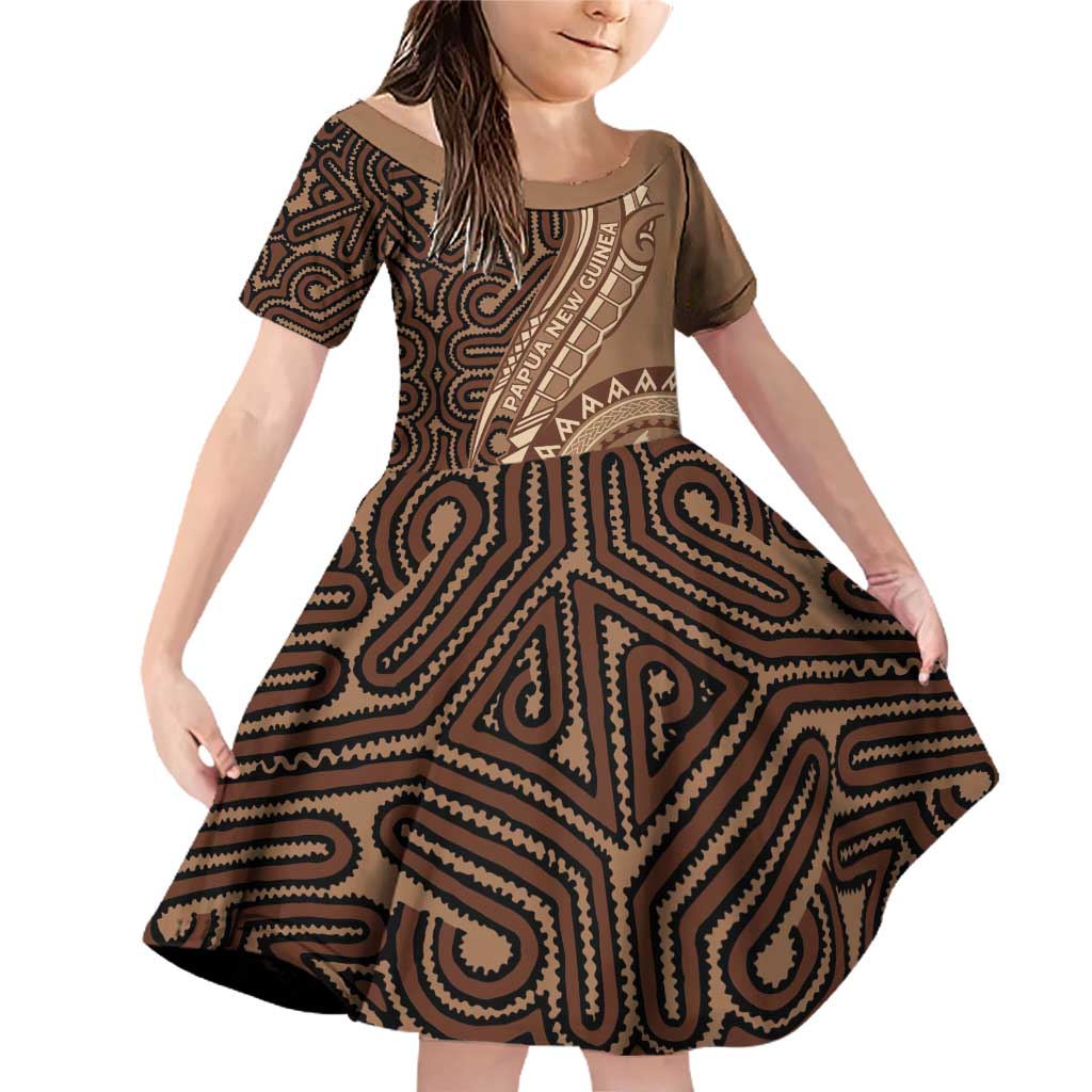 Papua New Guinea Oro Tapa Motif Family Matching Off Shoulder Short Dress and Hawaiian Shirt Classic LT7 Daughter's Dress Brown - Polynesian Pride