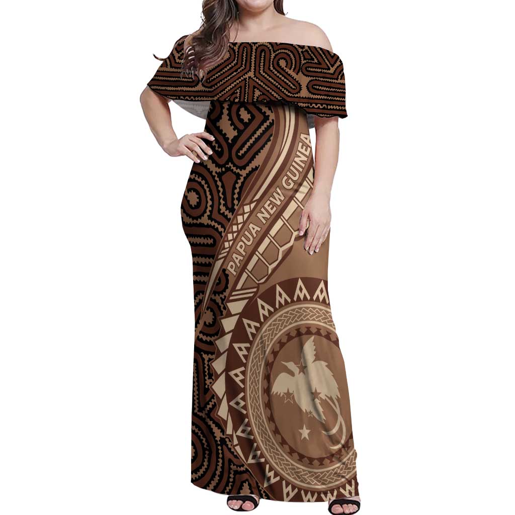 Papua New Guinea Oro Tapa Motif Off Shoulder Maxi Dress Classic LT7 Women Brown - Polynesian Pride