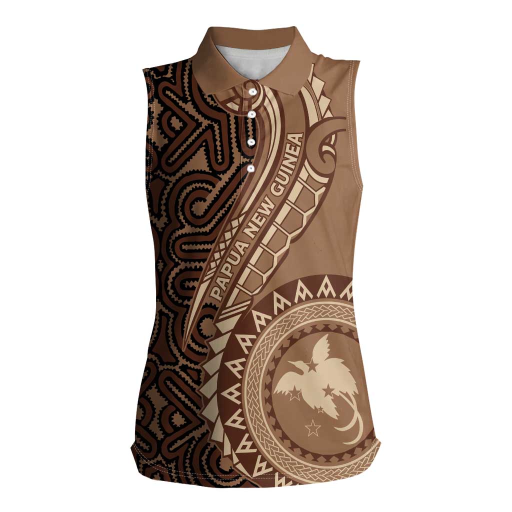 Papua New Guinea Oro Tapa Motif Women Sleeveless Polo Shirt Classic LT7 Female Brown - Polynesian Pride