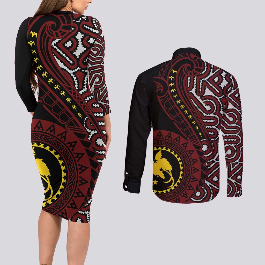 Papua New Guinea Oro Tapa Motif Couples Matching Long Sleeve Bodycon Dress and Long Sleeve Button Shirt Special LT7 - Polynesian Pride