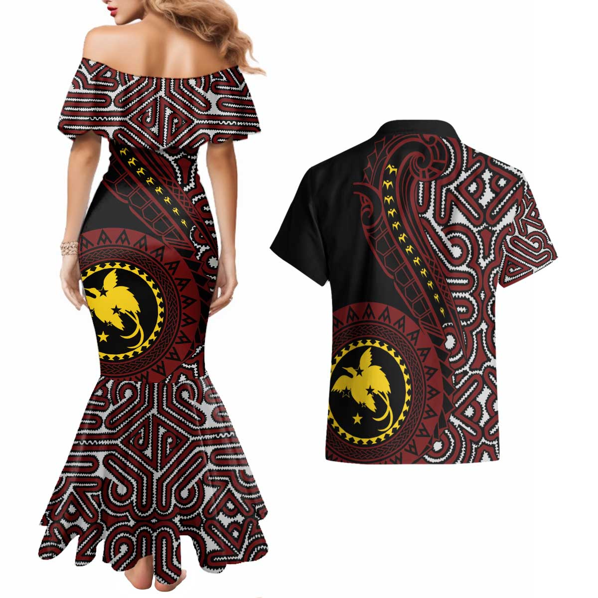 Papua New Guinea Oro Tapa Motif Couples Matching Mermaid Dress and Hawaiian Shirt Special LT7 - Polynesian Pride