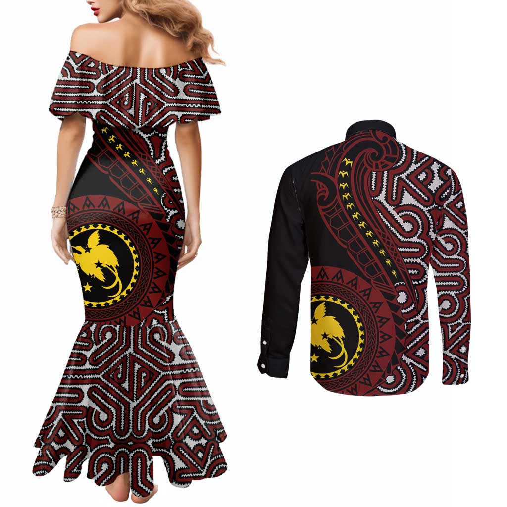 Papua New Guinea Oro Tapa Motif Couples Matching Mermaid Dress and Long Sleeve Button Shirt Special LT7 - Polynesian Pride