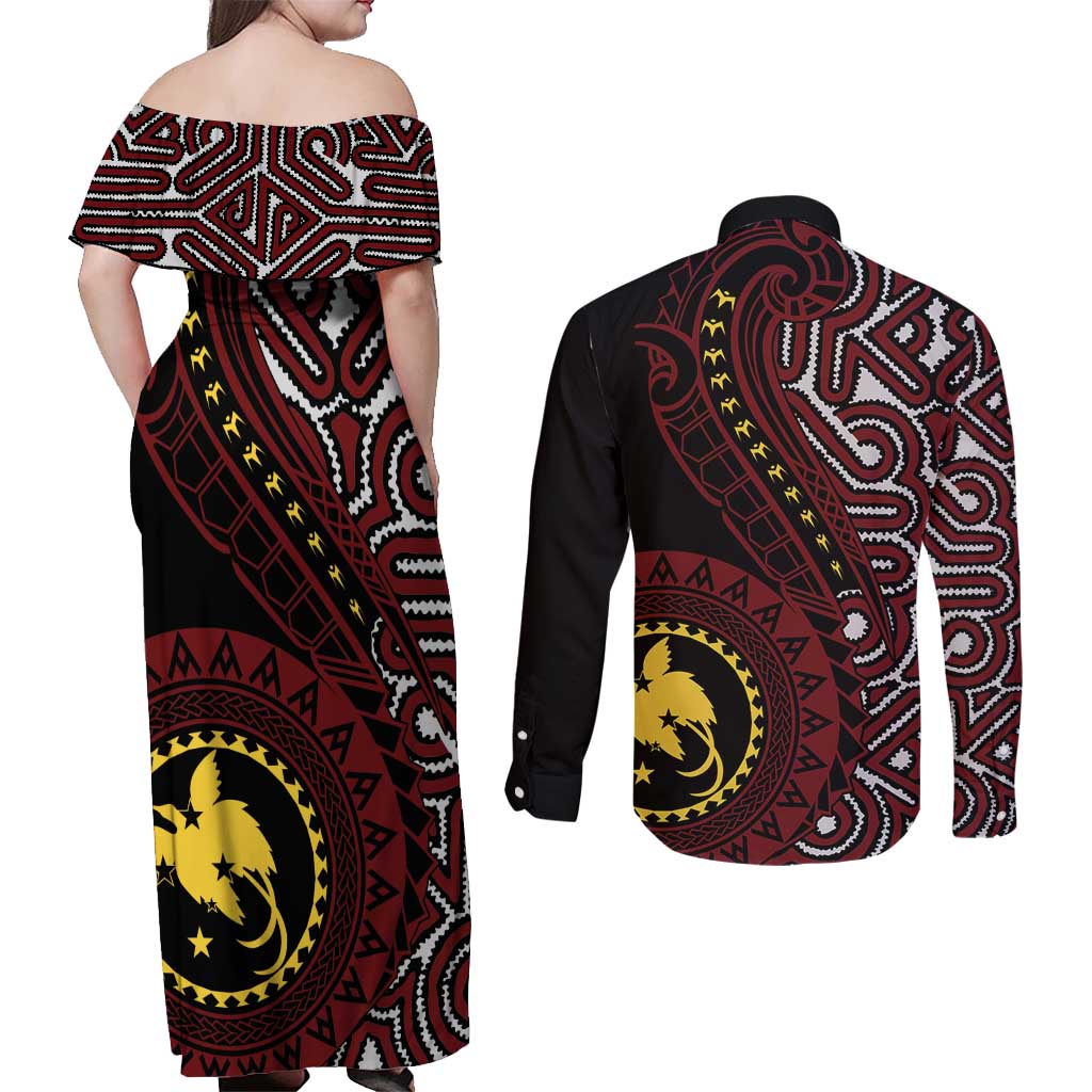 Papua New Guinea Oro Tapa Motif Couples Matching Off Shoulder Maxi Dress and Long Sleeve Button Shirt Special LT7 - Polynesian Pride