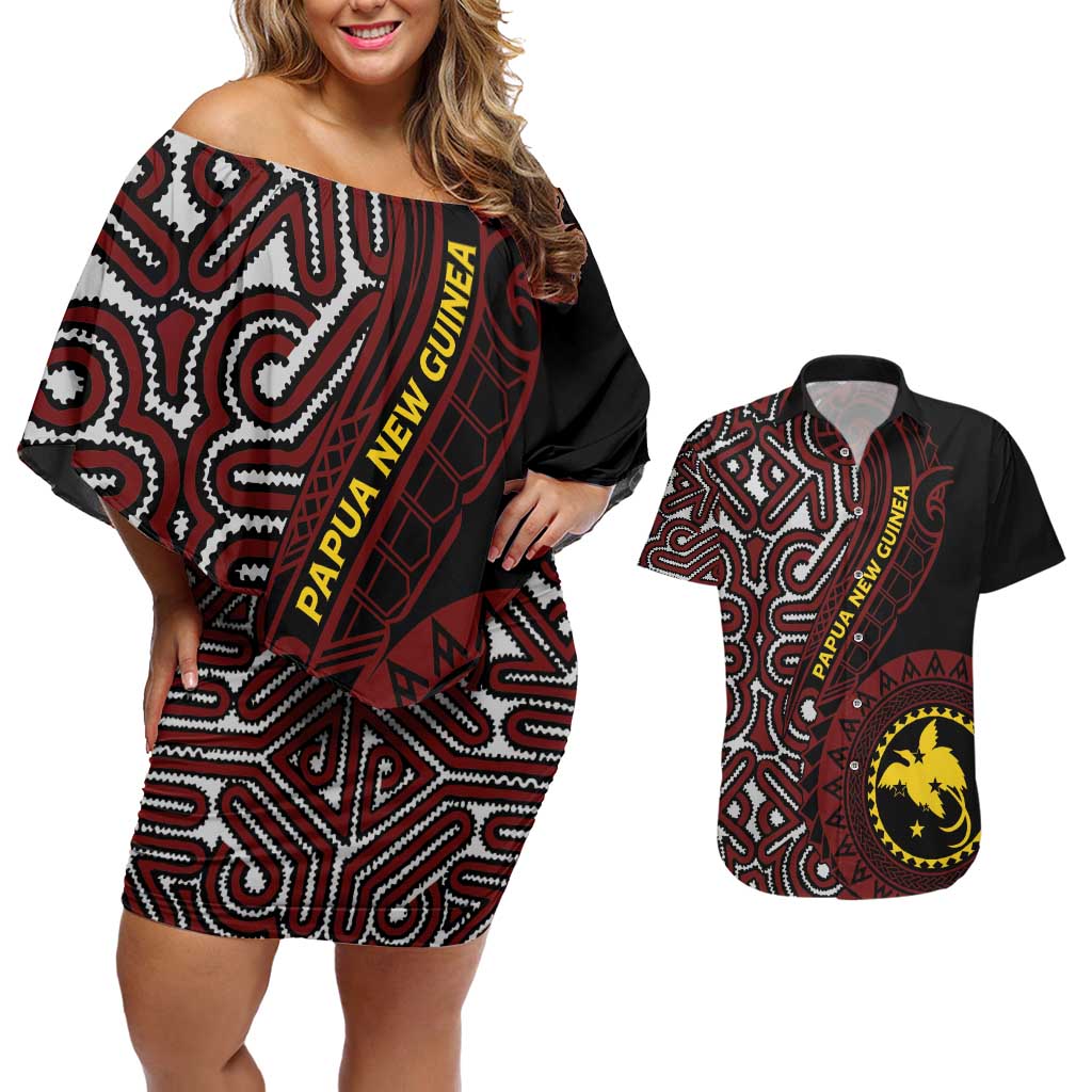 Papua New Guinea Oro Tapa Motif Couples Matching Off Shoulder Short Dress and Hawaiian Shirt Special LT7 Black - Polynesian Pride