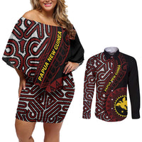 Papua New Guinea Oro Tapa Motif Couples Matching Off Shoulder Short Dress and Long Sleeve Button Shirt Special LT7 Black - Polynesian Pride