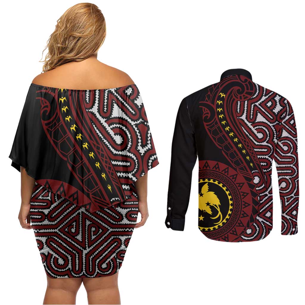 Papua New Guinea Oro Tapa Motif Couples Matching Off Shoulder Short Dress and Long Sleeve Button Shirt Special LT7 - Polynesian Pride