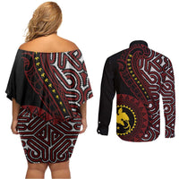 Papua New Guinea Oro Tapa Motif Couples Matching Off Shoulder Short Dress and Long Sleeve Button Shirt Special LT7 - Polynesian Pride