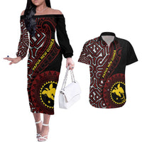 Papua New Guinea Oro Tapa Motif Couples Matching Off The Shoulder Long Sleeve Dress and Hawaiian Shirt Special LT7 Black - Polynesian Pride