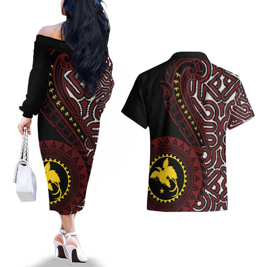 Papua New Guinea Oro Tapa Motif Couples Matching Off The Shoulder Long Sleeve Dress and Hawaiian Shirt Special LT7 - Polynesian Pride