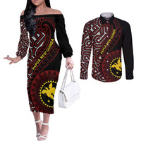 Papua New Guinea Oro Tapa Motif Couples Matching Off The Shoulder Long Sleeve Dress and Long Sleeve Button Shirt Special LT7 Black - Polynesian Pride