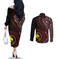Papua New Guinea Oro Tapa Motif Couples Matching Off The Shoulder Long Sleeve Dress and Long Sleeve Button Shirt Special LT7 - Polynesian Pride