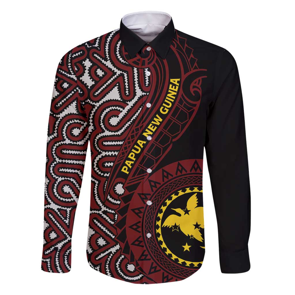 Papua New Guinea Oro Tapa Motif Family Matching Mermaid Dress and Hawaiian Shirt Special LT7 Dad's Shirt - Long Sleeve Black - Polynesian Pride