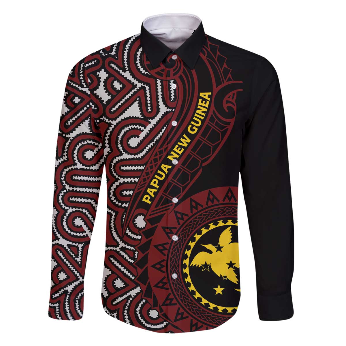 Papua New Guinea Oro Tapa Motif Family Matching Off The Shoulder Long Sleeve Dress and Hawaiian Shirt Special LT7 Dad's Shirt - Long Sleeve Black - Polynesian Pride