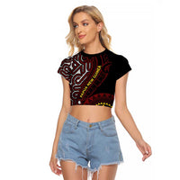 Papua New Guinea Oro Tapa Motif Raglan Cropped T Shirt Special LT7 Female Black - Polynesian Pride
