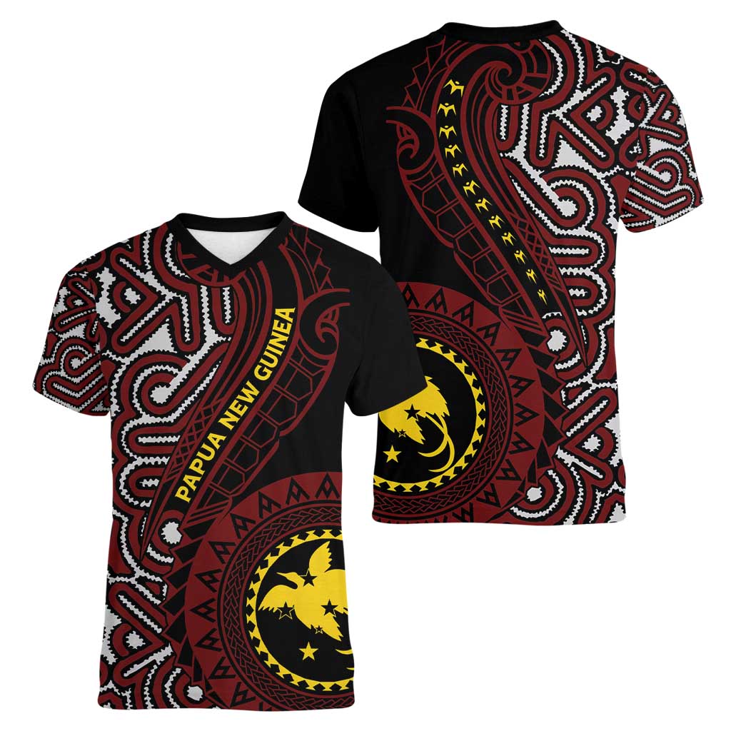 Papua New Guinea Oro Tapa Motif Women V-Neck T-Shirt Special LT7 - Polynesian Pride