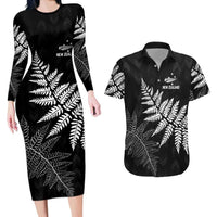 New Zealand Lawn Bowls Personalized Couples Matching Long Sleeve Bodycon Dress and Hawaiian Shirt Wrap-Around Silver Fern LT7 Black - Polynesian Pride