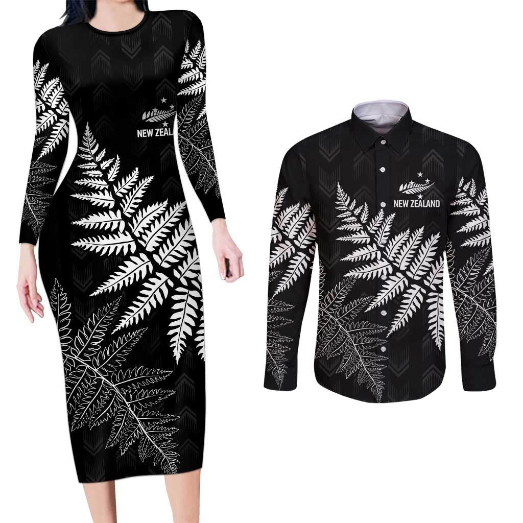 New Zealand Lawn Bowls Personalized Couples Matching Long Sleeve Bodycon Dress and Long Sleeve Button Shirt Wrap-Around Silver Fern LT7 Black - Polynesian Pride