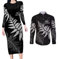 New Zealand Lawn Bowls Personalized Couples Matching Long Sleeve Bodycon Dress and Long Sleeve Button Shirt Wrap-Around Silver Fern LT7 Black - Polynesian Pride