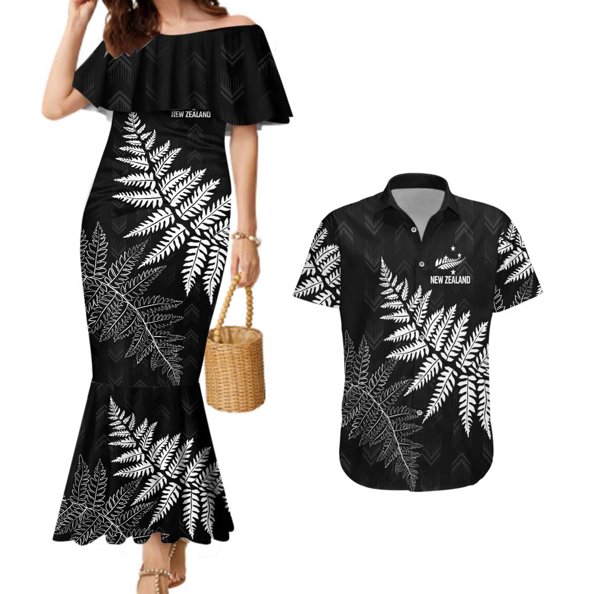 New Zealand Lawn Bowls Personalized Couples Matching Mermaid Dress and Hawaiian Shirt Wrap-Around Silver Fern - Polynesian Pride