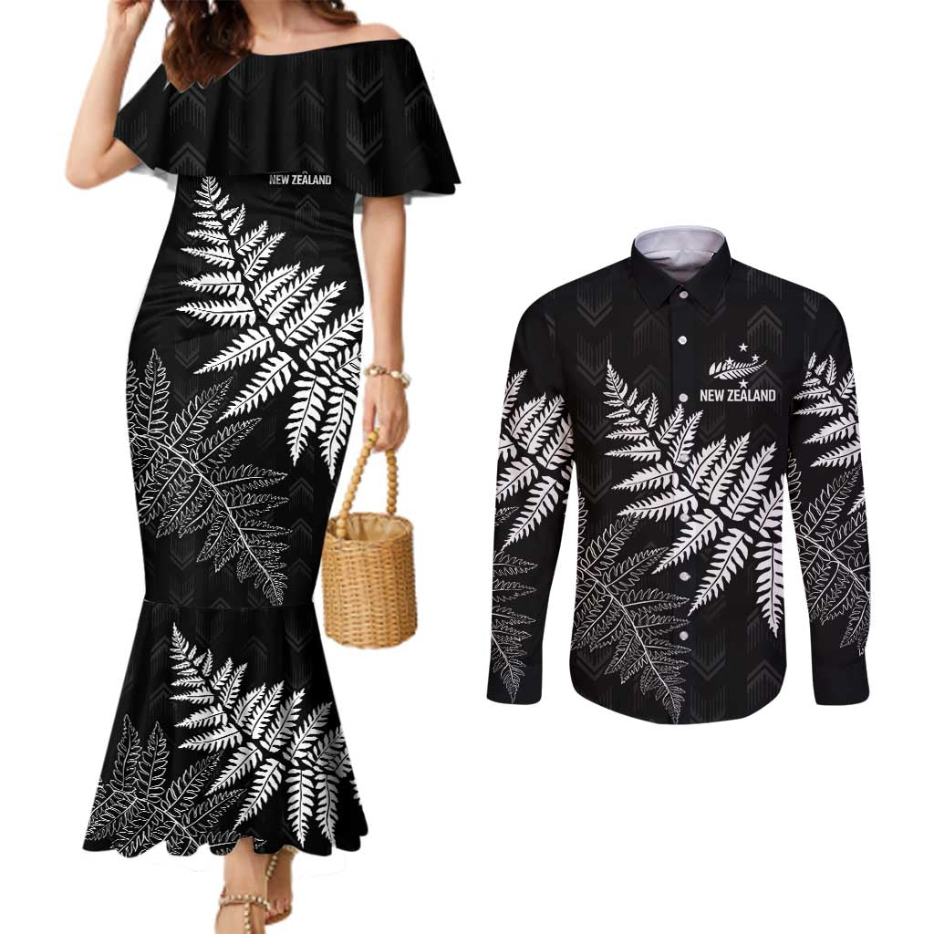 New Zealand Lawn Bowls Personalized Couples Matching Mermaid Dress and Long Sleeve Button Shirt Wrap-Around Silver Fern LT7 Black - Polynesian Pride