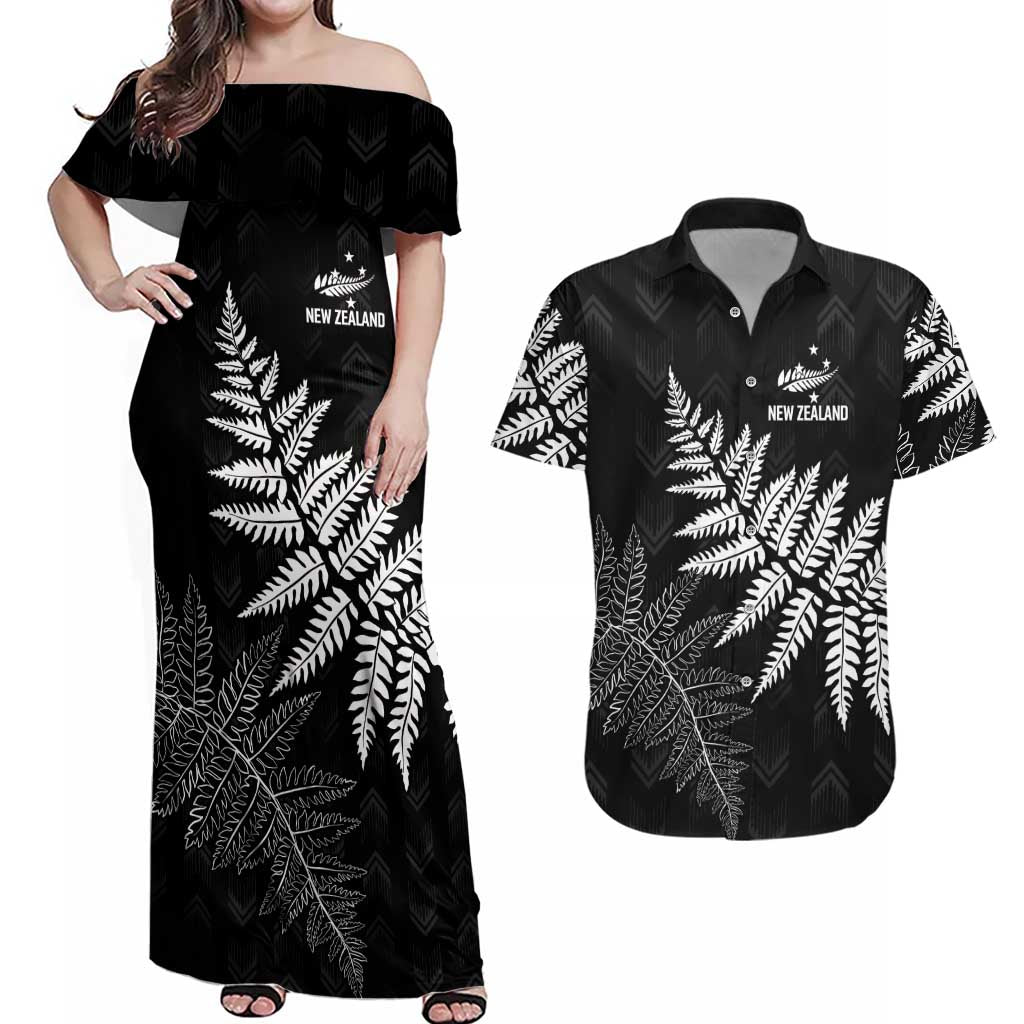New Zealand Lawn Bowls Personalized Couples Matching Off Shoulder Maxi Dress and Hawaiian Shirt Wrap-Around Silver Fern LT7 Black - Polynesian Pride