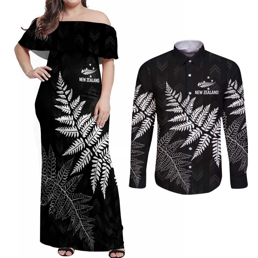 New Zealand Lawn Bowls Personalized Couples Matching Off Shoulder Maxi Dress and Long Sleeve Button Shirt Wrap-Around Silver Fern LT7 Black - Polynesian Pride