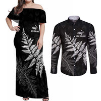 New Zealand Lawn Bowls Personalized Couples Matching Off Shoulder Maxi Dress and Long Sleeve Button Shirt Wrap-Around Silver Fern LT7 Black - Polynesian Pride