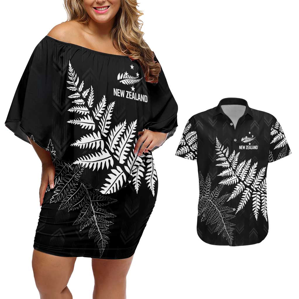 New Zealand Lawn Bowls Personalized Couples Matching Off Shoulder Short Dress and Hawaiian Shirt Wrap-Around Silver Fern LT7 Black - Polynesian Pride