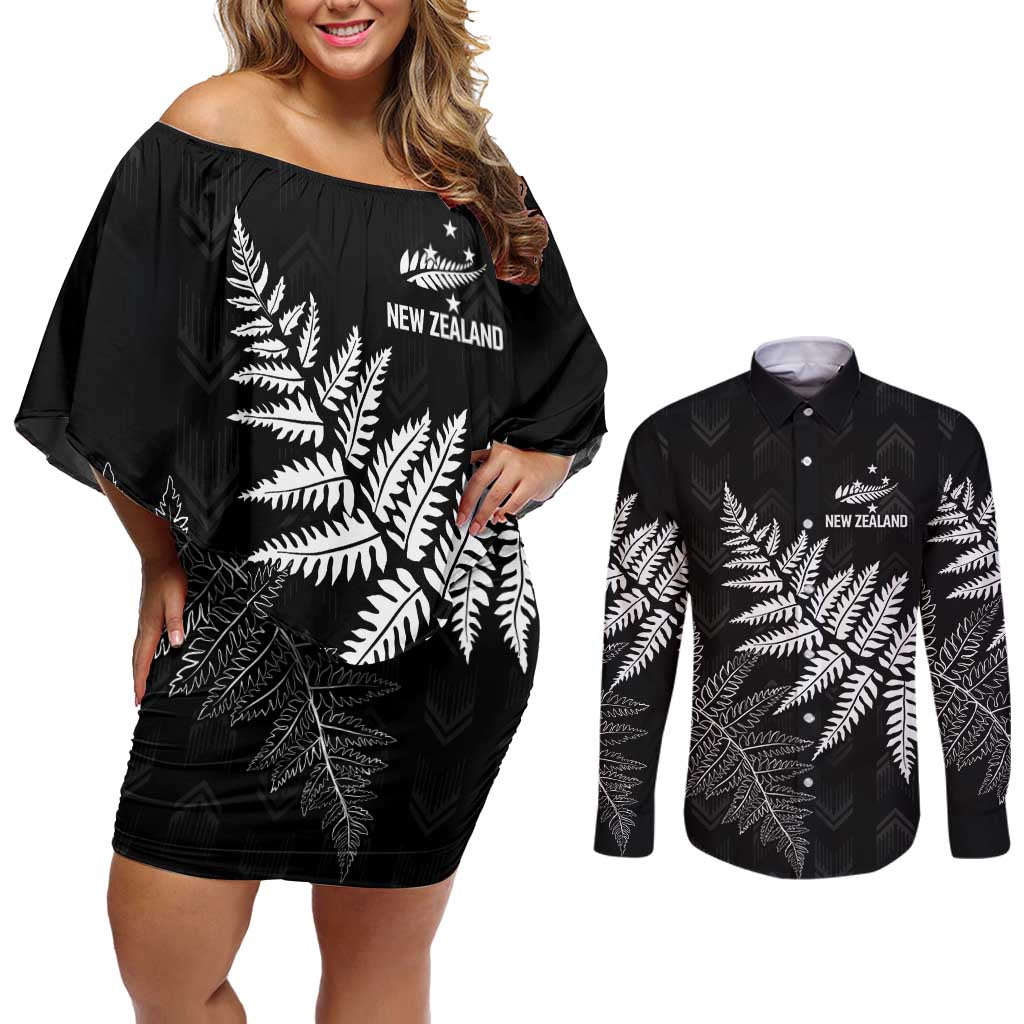 New Zealand Lawn Bowls Personalized Couples Matching Off Shoulder Short Dress and Long Sleeve Button Shirt Wrap-Around Silver Fern LT7 Black - Polynesian Pride