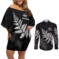 New Zealand Lawn Bowls Personalized Couples Matching Off Shoulder Short Dress and Long Sleeve Button Shirt Wrap-Around Silver Fern LT7 Black - Polynesian Pride