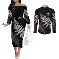 New Zealand Lawn Bowls Personalized Couples Matching Off The Shoulder Long Sleeve Dress and Long Sleeve Button Shirt Wrap-Around Silver Fern LT7 Black - Polynesian Pride