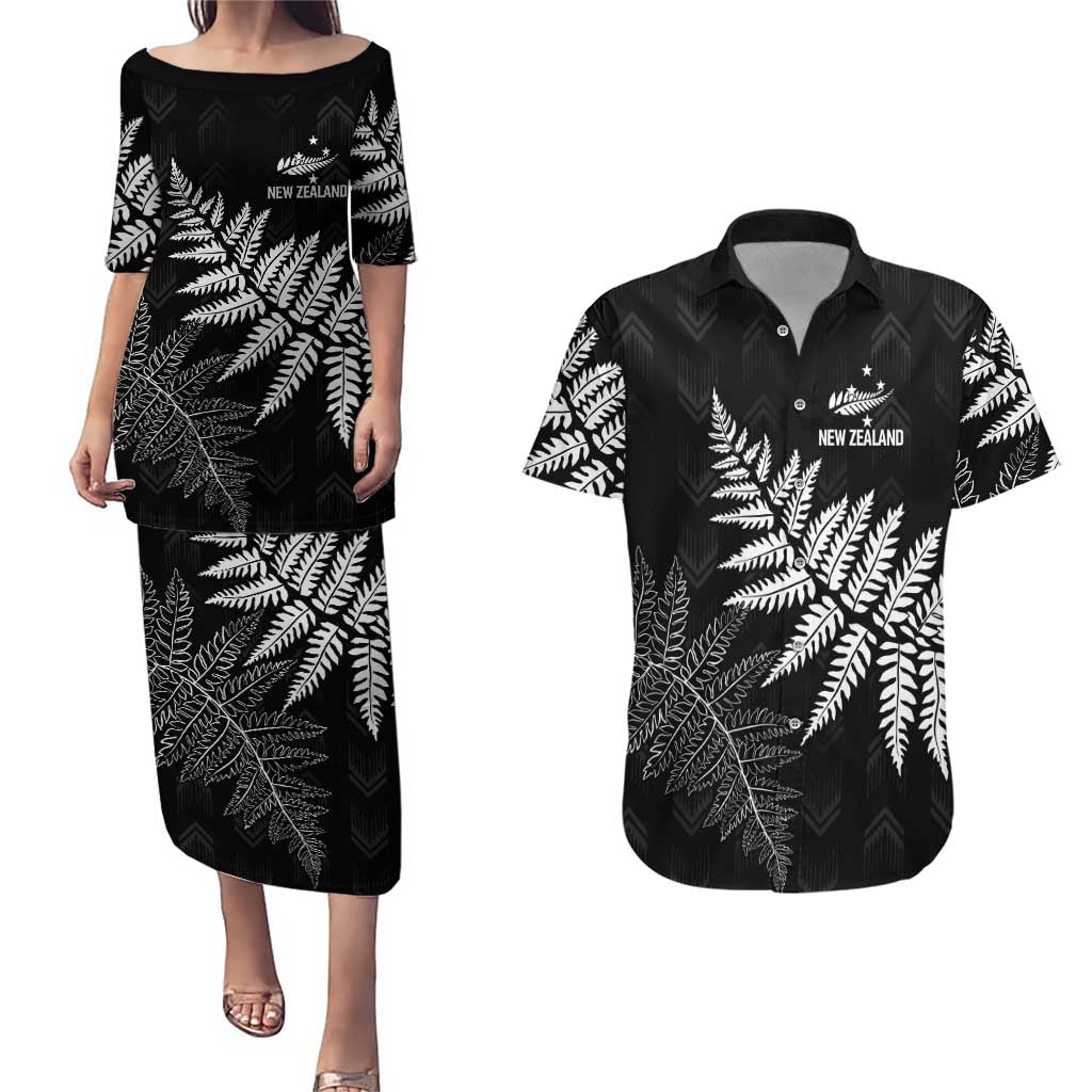 New Zealand Lawn Bowls Personalized Couples Matching Puletasi and Hawaiian Shirt Wrap-Around Silver Fern LT7 Black - Polynesian Pride