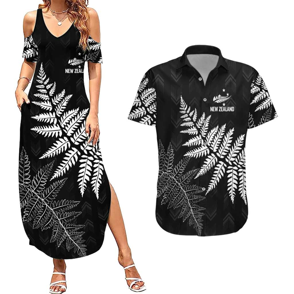 New Zealand Lawn Bowls Personalized Couples Matching Summer Maxi Dress and Hawaiian Shirt Wrap-Around Silver Fern LT7 Black - Polynesian Pride