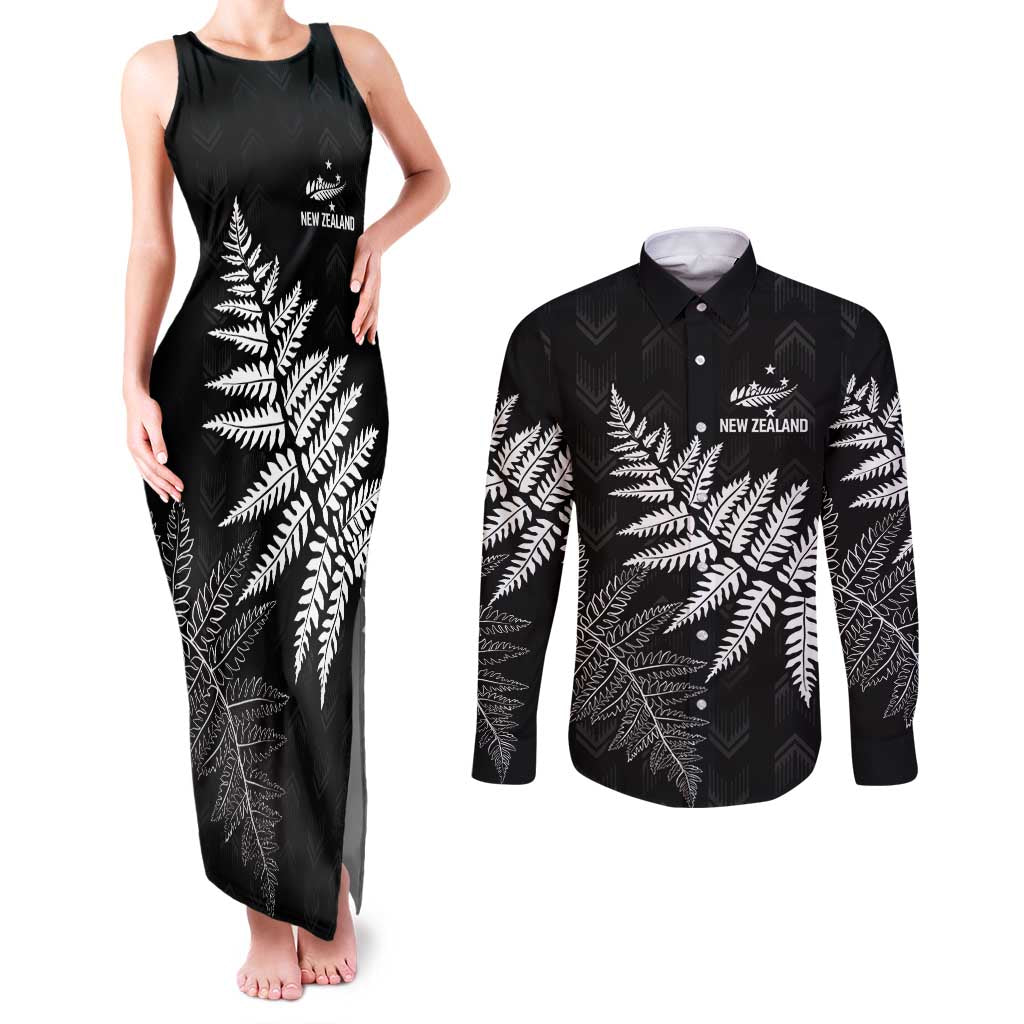New Zealand Lawn Bowls Personalized Couples Matching Tank Maxi Dress and Long Sleeve Button Shirt Wrap-Around Silver Fern LT7 Black - Polynesian Pride